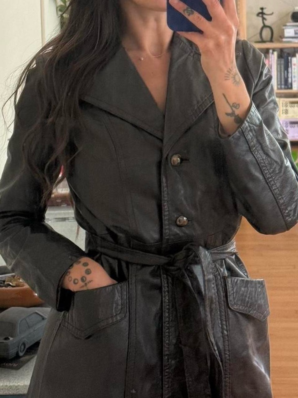 Vintage Leather Trench Coat in Deep Brown - Classic Belted Jacket